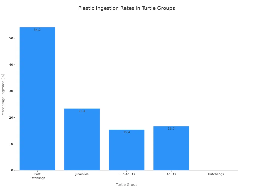 Bar chart showing percentage of turtles ingesting plastic by group